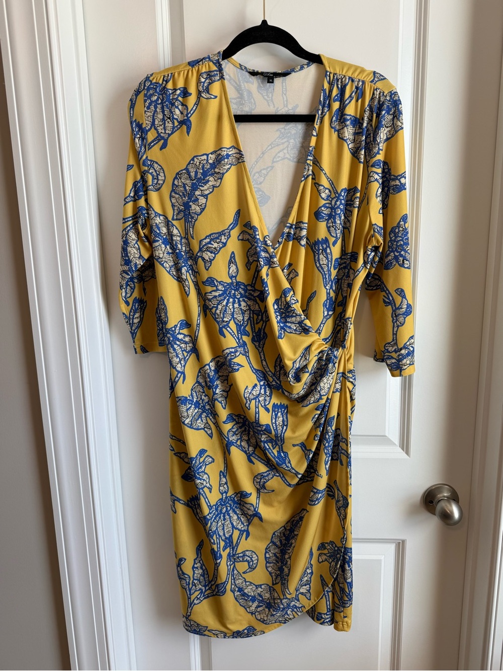Draped Yellow Midi Dress with Blue Floral Print XL